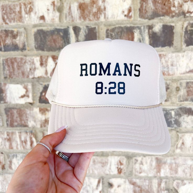 Handpicked by our family to share with you! Don't miss this ⭐️ Romans 8:28 trucker hat ⭐️ online now at modernburlap.com and ready to ship! One Word Inspiration, Trucker Hat Patch, Word Inspiration, Hat Patch, New Bible, Patch Hat, Romans 8, Hat Patches, Christian Clothing