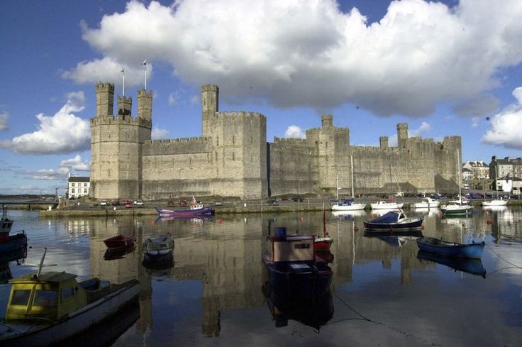 boats are parked in the water near a castle