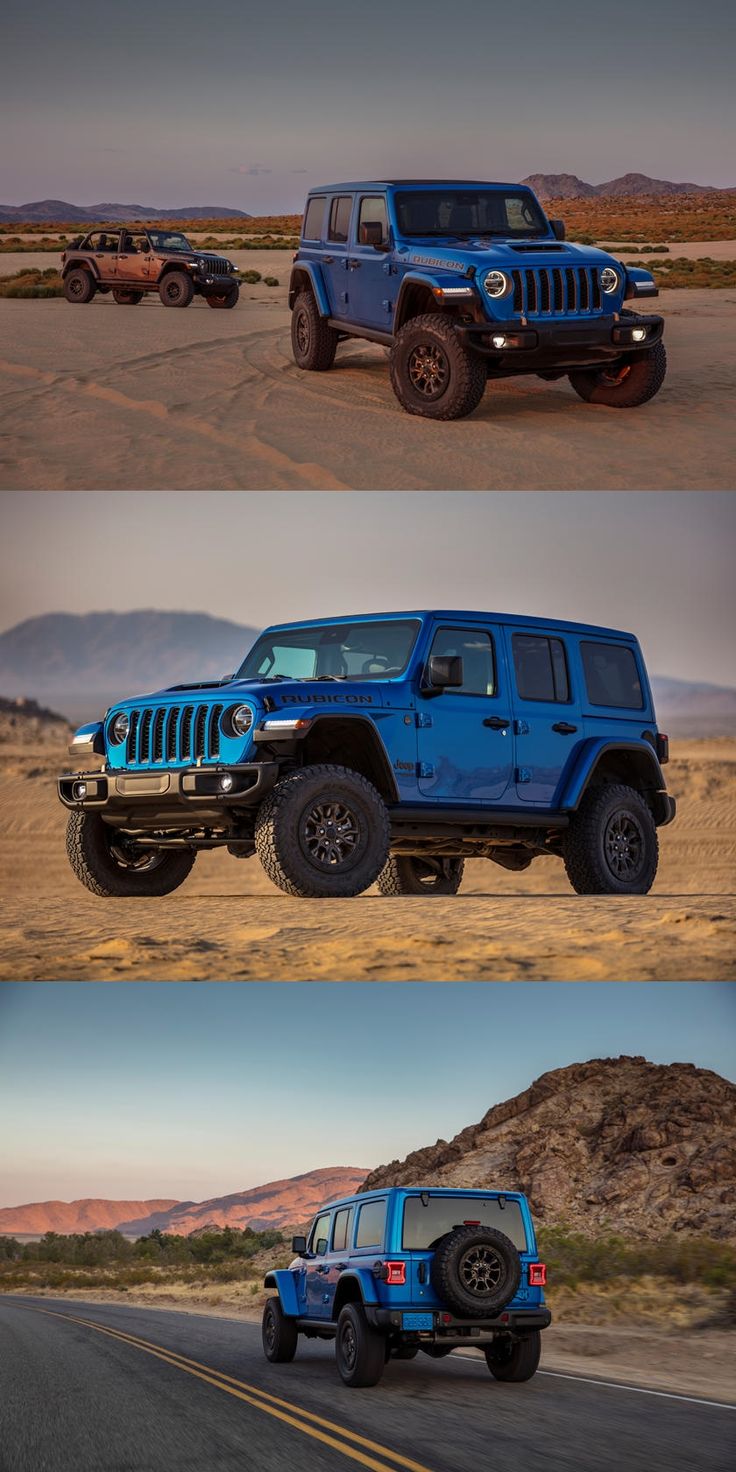 four different pictures of jeeps in the desert