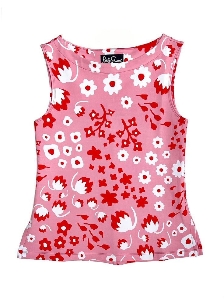 STELLA top Blossom Breeze Pink Versatile Pink Stretch Tops, Versatile Stretch Pink Tops, Spring Floral Print Stretch Tops, Fitted Floral Print Scoop Neck Tops, Feminine Floral Print Stretch Tops, Feminine Stretch Floral Print Tops, Pink Fitted Sleeveless Top, Fitted Scoop Neck Blouse For Spring, Chic Floral Print Fitted Top