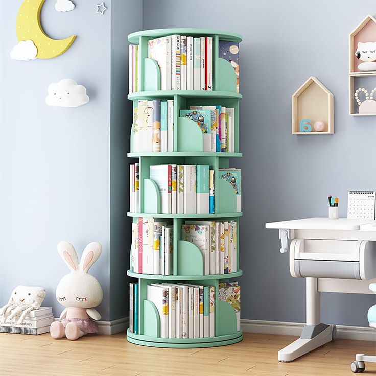 a child's room with bookshelf, desk and toys on the floor