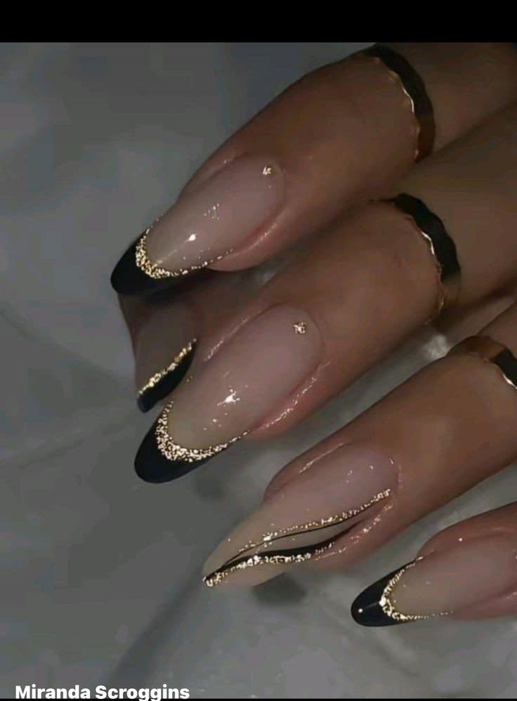 Black French With Gold Nails, Simple Nails For New Years, Black And Gold Nail Tips, Gold Black French Nails, Farewell Nails Ideas, Black French Tip Nails With Bling, Gold French Manicure Nails, Black And Gold French Tip Nails Almond, New Year Nails French