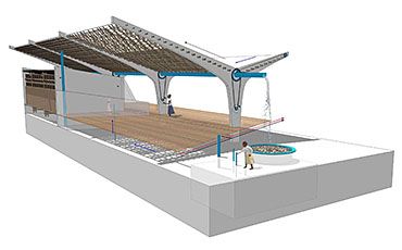 an artist's rendering of a pavilion with wood flooring and metal roof structure