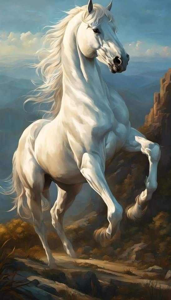 a painting of a white horse in the wild