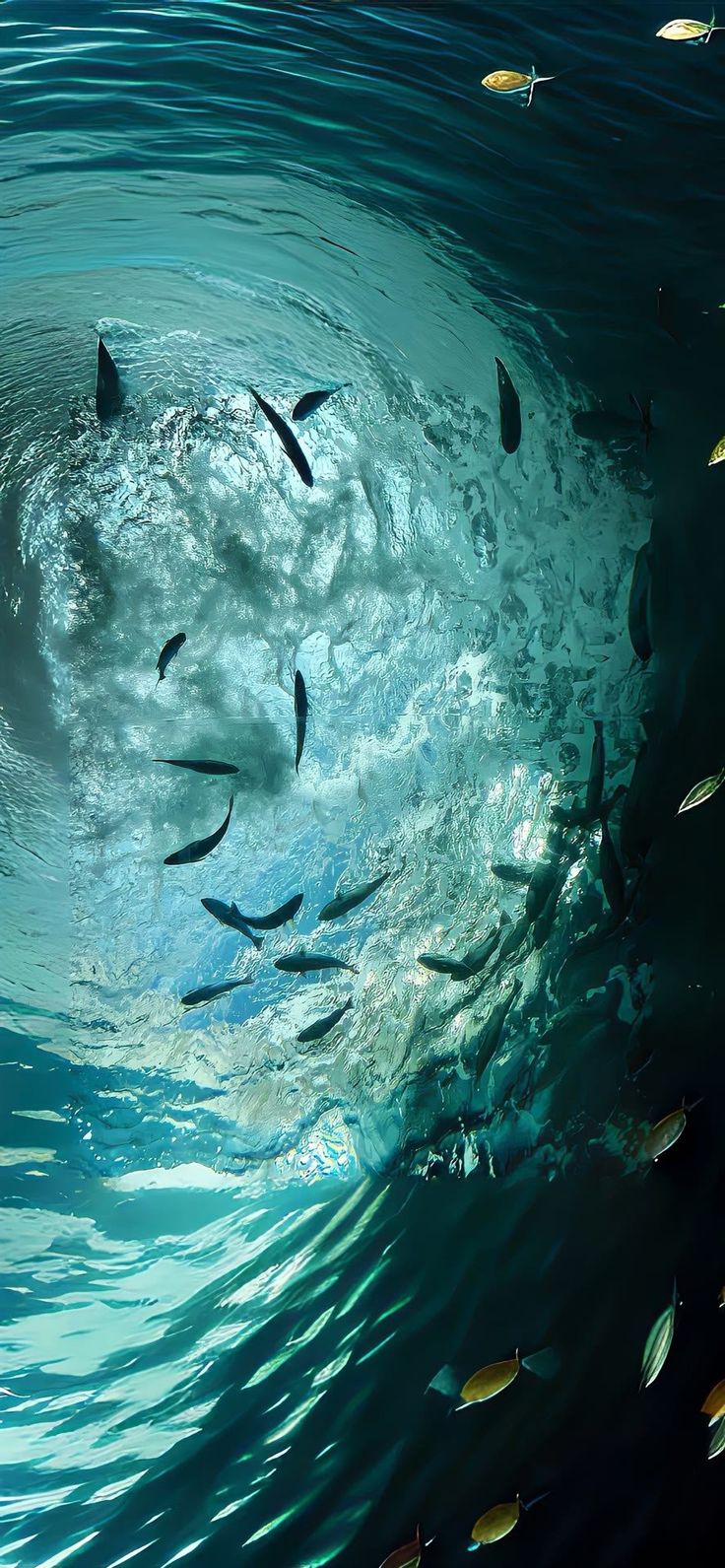 a large group of fish swimming in the ocean