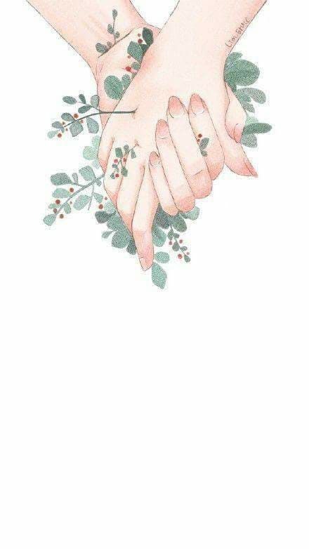 two hands holding each other with green leaves on the bottom and one hand in the middle