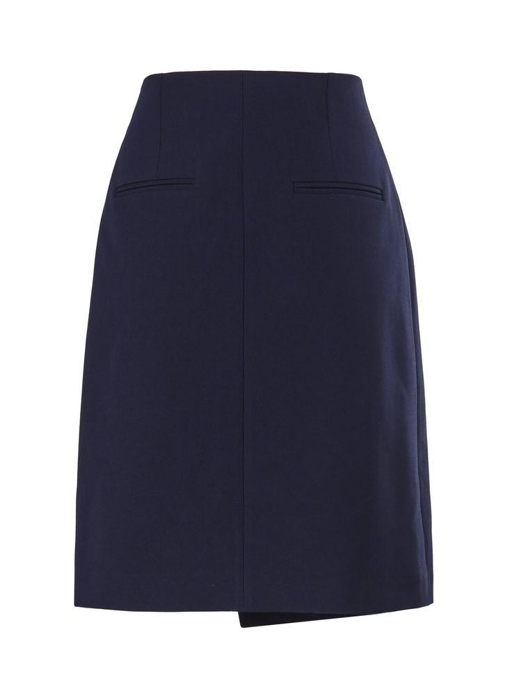 -Asymmetric skirt -Button closure -High waist -Made in Italy -Colour: NavyComposition: 63% Polyester, 27% Viscose, 7% Cotton, 3% Ea - Asymmetrical Pleated Skirt For Work, Relaxed Midi Skirt For Office Wear, Midi Skirt For Office Wear, Pleated Draped Flared Skirt For Work, Chic Flared Skirt For Work, Elegant Pleated Flared Draped Skirt For Work, Tailored Knee-length Skirt For Work, Classic Asymmetrical Skirt For Work, Tailored Midi Skirt For Workwear