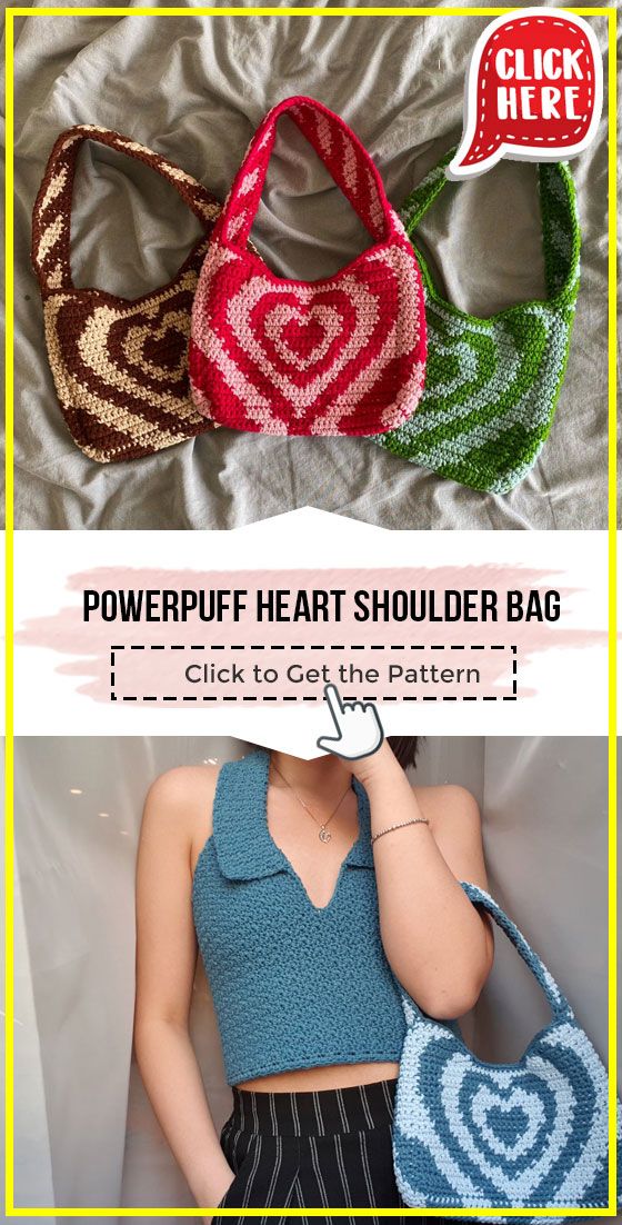 three different types of purses with the text, power heart shoulder bag click to get the pattern