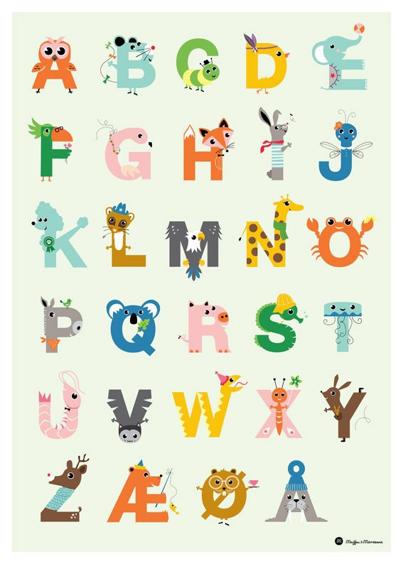 the alphabet is made up of animals and letters with different font shapes, colors, and sizes