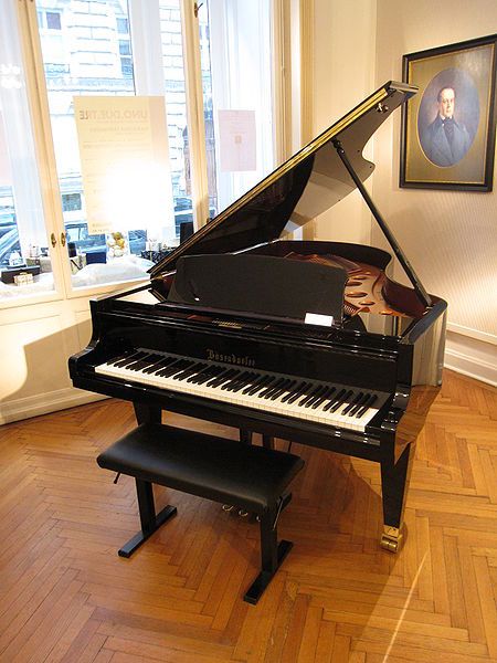 a black piano sitting on top of a hard wood floor