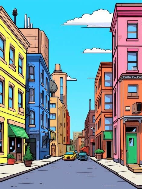 a cartoon city street with cars parked on both sides and tall buildings in the background