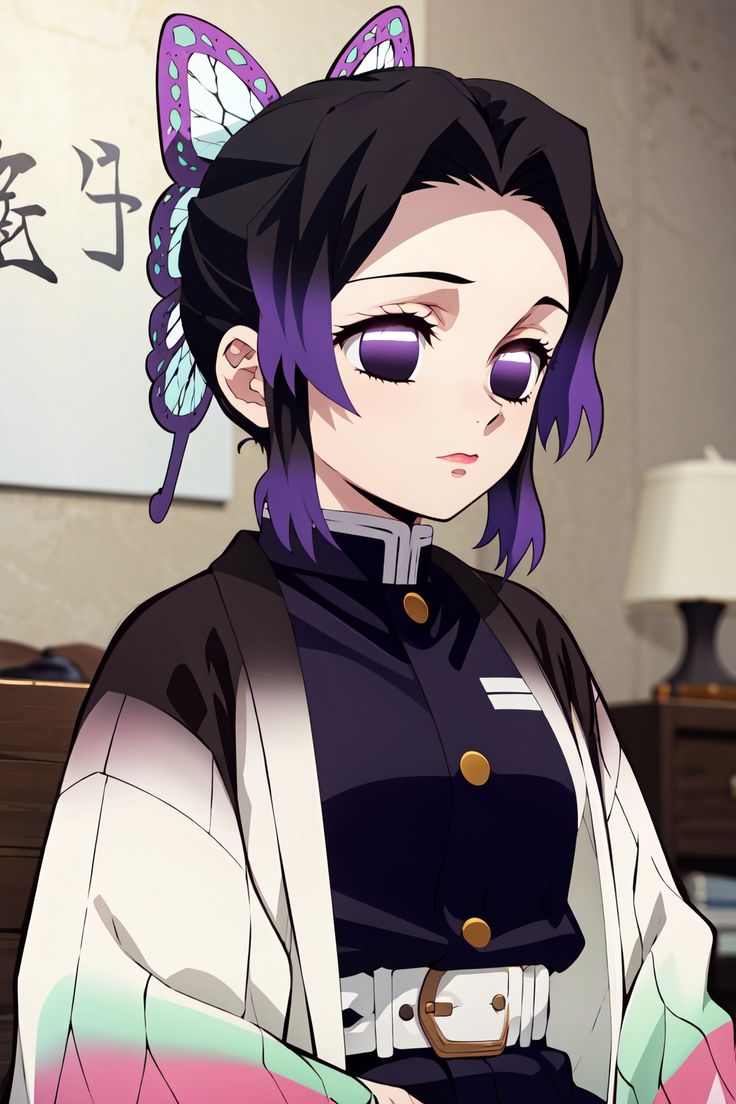 an anime character with purple hair wearing a black and white outfit, sitting in front of a desk