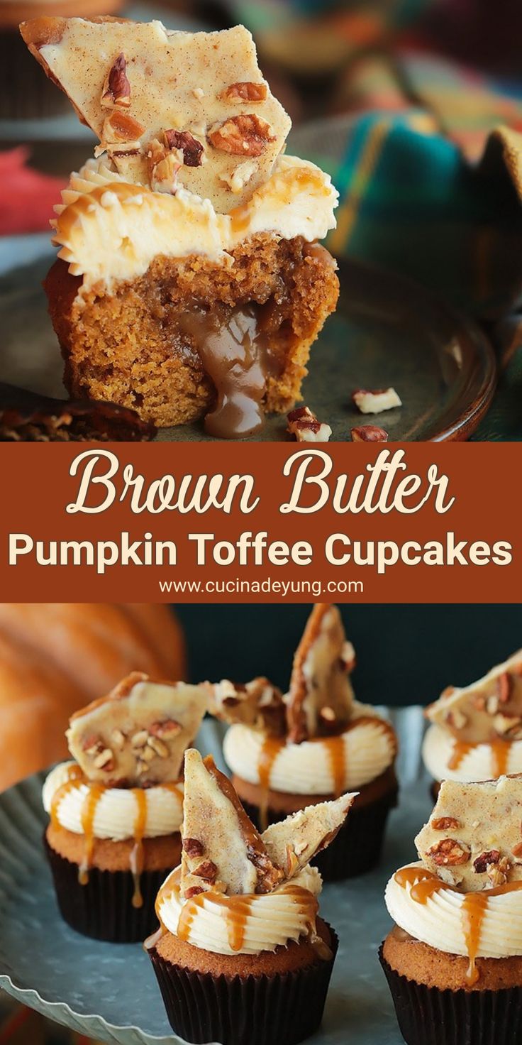 brown butter pumpkin toffe cupcakes with caramel drizzle on top