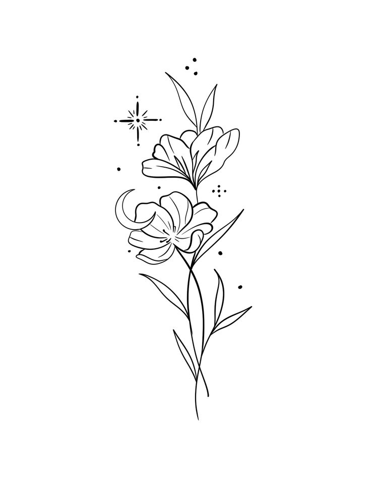 a line drawing of some flowers on a white background with stars in the sky behind it