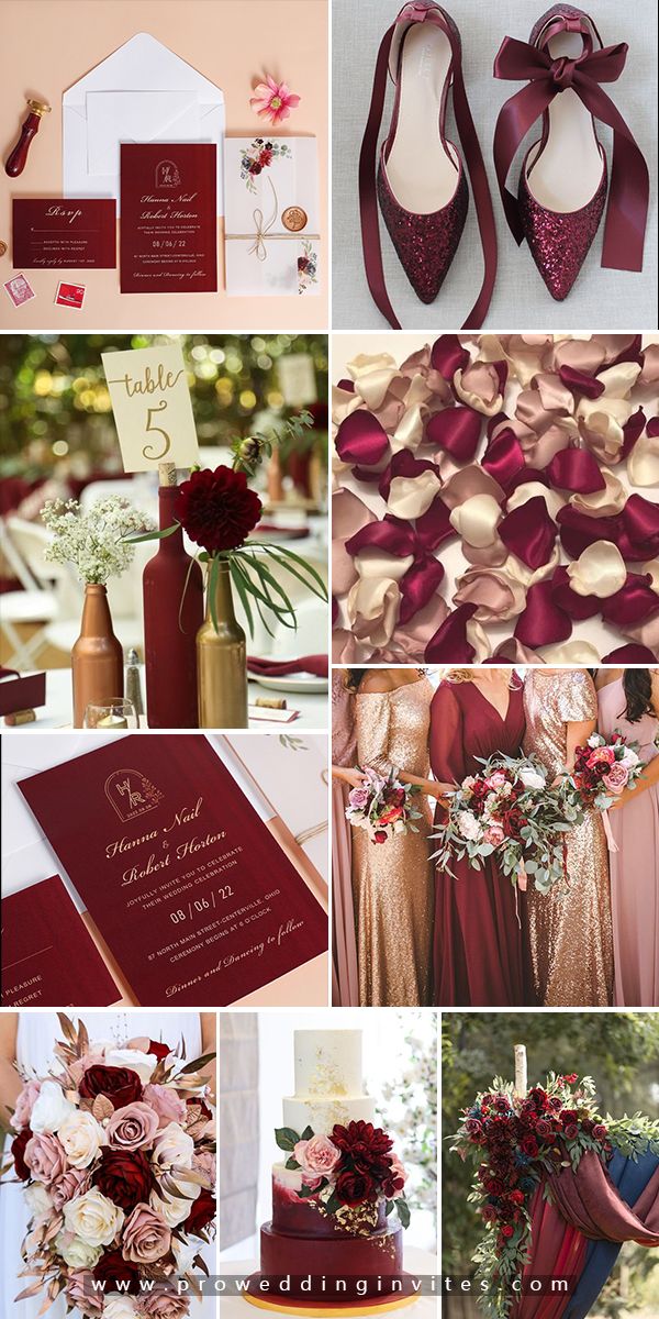 red and gold wedding color palettes for the bride's dress, shoes, bouquet