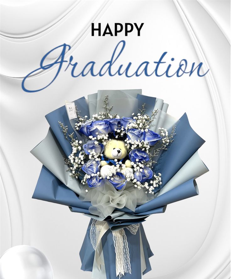 a bouquet of flowers with a teddy bear in it on a white background that says happy graduation