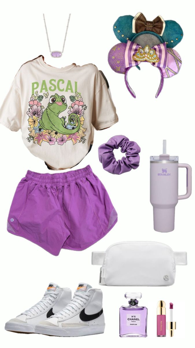 a purple outfit and accessories are arranged in the shape of an animal ears, headbands