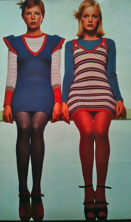 60s 70s mini dress twiggy mod baby doll tights knit stripes blue red vintage fashion style color photo print ad models magazine 70s Mini Dress, 60’s Fashion, Harry Clarke, Knit Stripes, 60s 70s Fashion, 60s And 70s Fashion, 70s Inspired Fashion, 70s Outfits, 70’s Fashion