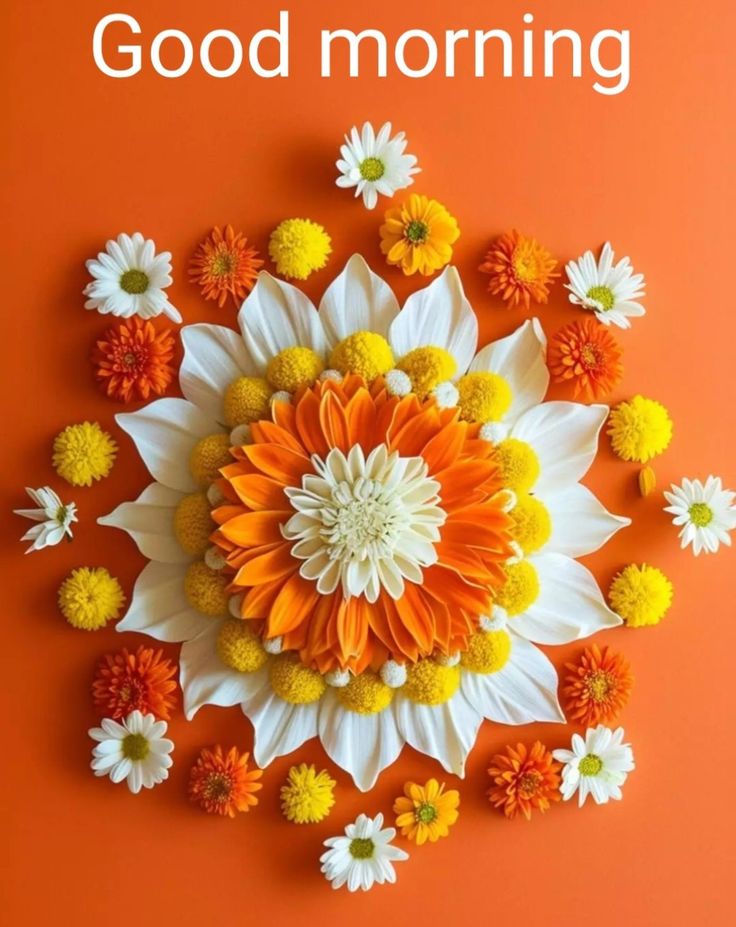 an orange and white flower with the words good morning on it's front cover