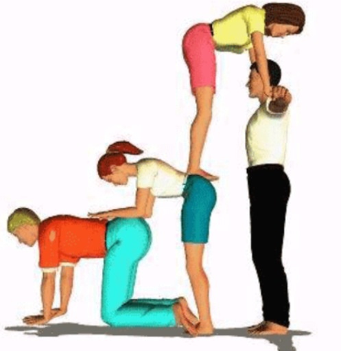 three people are doing different poses in the same position, one is standing on top of another