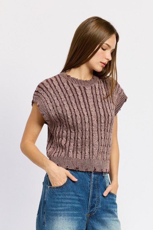 This Cable Knit Short Sleeve Top features distressed edges for a unique and stylish look. The distressed edges add character to the classic cable knit design, making it a versatile piece for any wardrobe. Perfect for creating a trendy and effortless outfit. Fabric Contents: 60% Cotton, 40% Acrylic Imported Knit Short Sleeve Top, Short Sleeve Knit Top, Unique Sweater, Farm Clothes, Unique Sweaters, Cardigan Crop Top, Effortless Outfit, Cardigan Crop, Knit Short