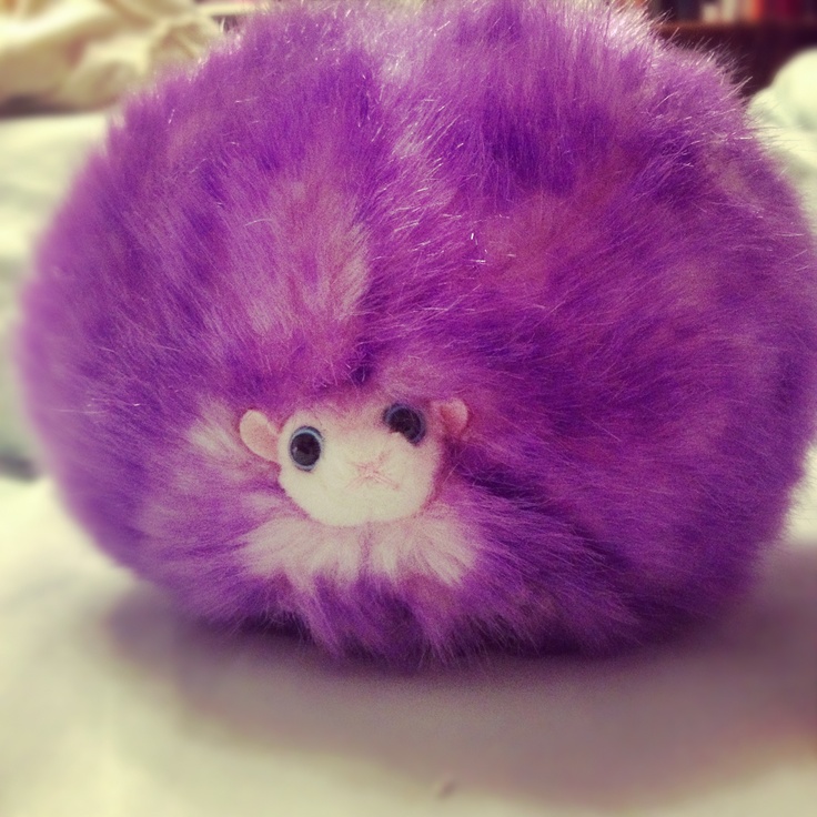 a purple fuzzy ball sitting on top of a table