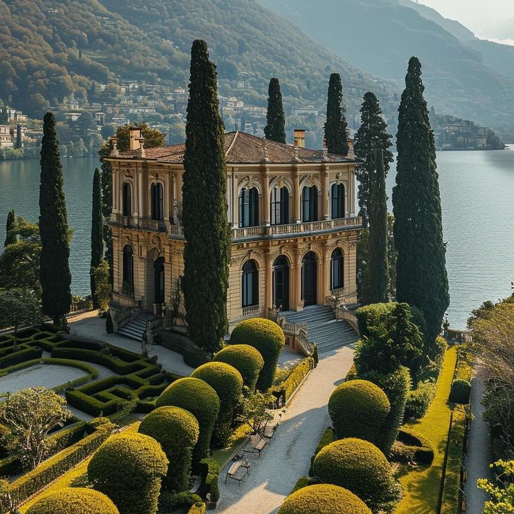 an aerial view of a large building surrounded by trees and bushes with mountains in the background