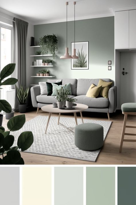 a living room filled with furniture and lots of greenery in shades of grey, green, yellow and white