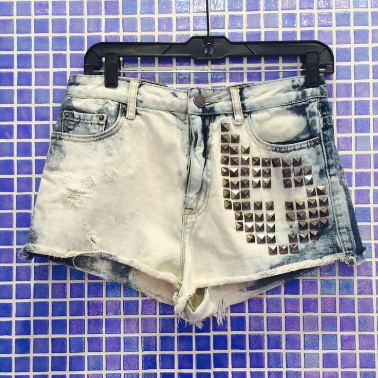 Bdg High Waisted, Cheeky Denim Shorts From Urban Outfitters. Purchased As Shown With Silver Embellishment Studs That Form The Shape Of A Cross And Dip Bleached. Basically Brand New As They Have Only Been Worn A Handful Of Times And Are In Great Condition. All Orders Shipped The Same Or Next Business Day! Light Wash High Rise Grunge Bottoms, Grunge High Rise Light Wash Bottoms, Grunge High-rise Light Wash Bottoms, Acid Wash High Waist Grunge Bottoms, High Waist Acid Wash Grunge Bottoms, Edgy Light Wash Cotton Bottoms, Fitted Grunge Bottoms For Summer, Trendy Bleached Denim Bottoms, Edgy High Rise Washed Bottoms