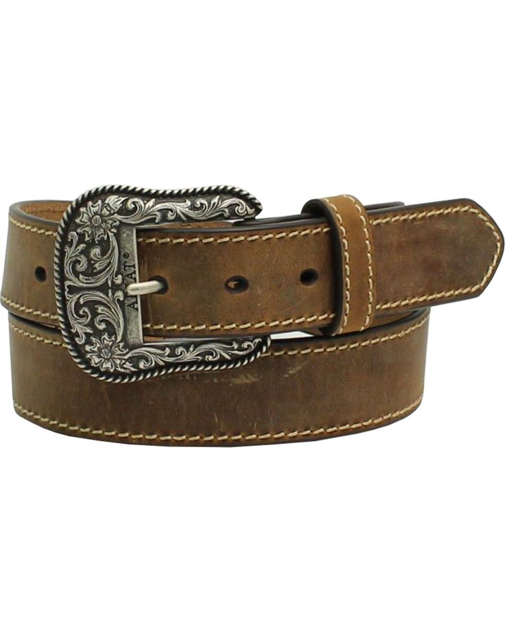 Ariat Women's Leather Belt with Engraved Buckle, Brown Adjustable Brown Leather Belt, Classic Brown Belt For Ranch, Western Style Engraved Leather Belt, Engraved Leather Western Belt, Rustic Leather Belt For Rodeo, Brown Leather Rodeo Belt, Classic Hand-tooled Leather Belt, Classic Hand Tooled Leather Belt, Adjustable Hand Tooled Brown Belt