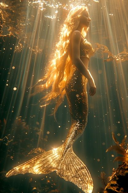 a mermaid with long hair is swimming in the water and sunlight shining down on her