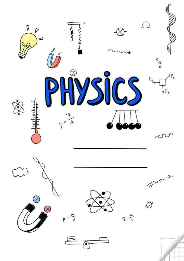 the word physics written in blue ink on a white paper with various symbols around it