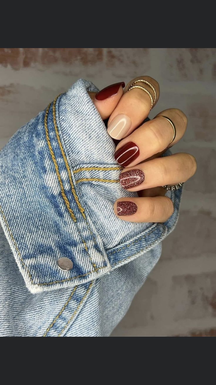 Garnet Fall Nails, Nails To Match Cinnamon Dress, Cute Fall Nail Inspo Simple, Fall Nails With Burgundy, Formal Fall Nails, Regular Nail Polish Ideas Short Nails Fall, Red Nail Dipping Powder Designs, Autumn Nails Multi Color, Rounded Biab Nails