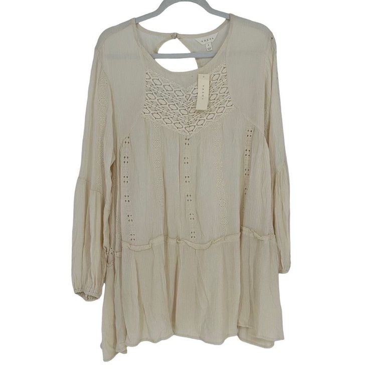 Adiva Long Sleeve Tunic Top Ivory Lace Peasant Relaxed Bohemian Prairie Size M New With Tags. Size M Medium. Measurements: Length 32”, Pit To Pit Under Arms 23”, Sleeve 28”. Ship Same/Next Business Day. Crochet Trim Top, Embroidered Lace Top, Lace Tunic Tops, Lace Short Sleeve Top, Boho Tunic Tops, Women Shirt Top, Embroidered Tunic Top, Floral Embroidered Top, Crochet Tunic