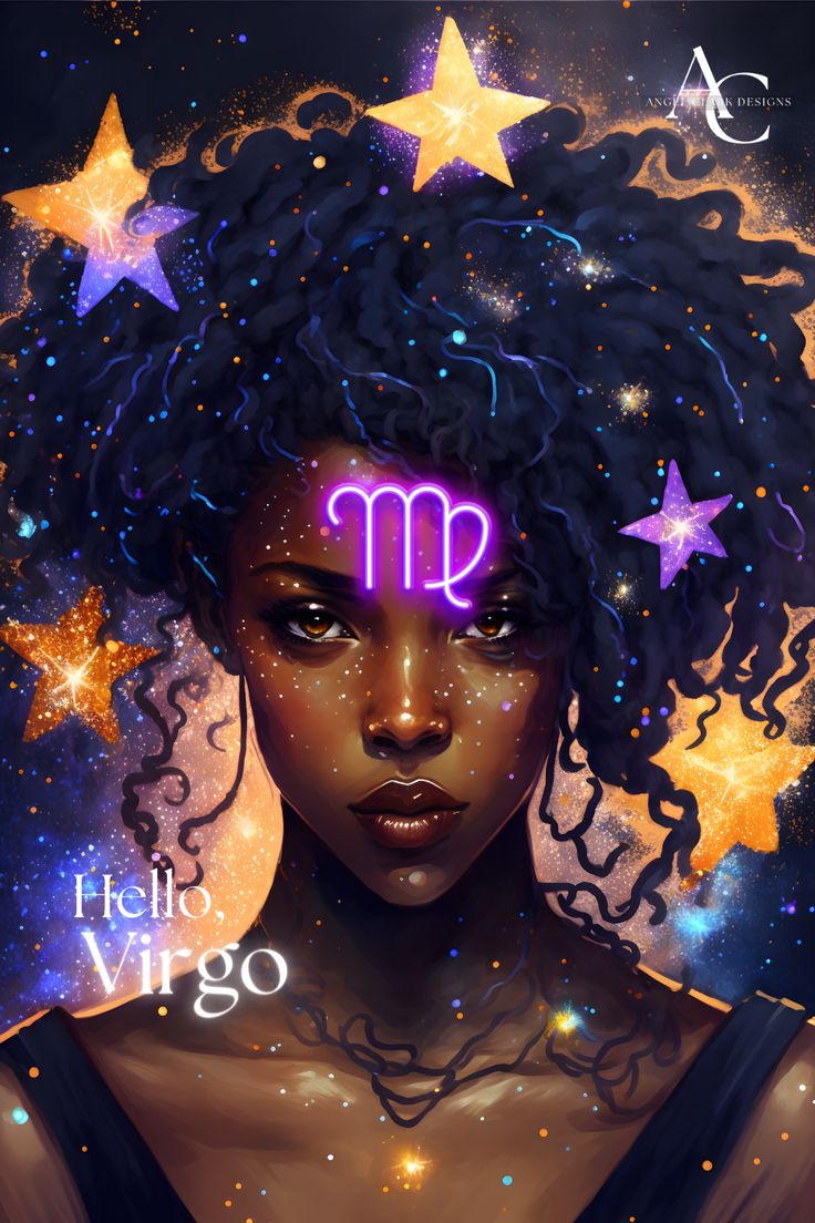 a woman with stars on her head and the zodiac sign virgo in front of her face