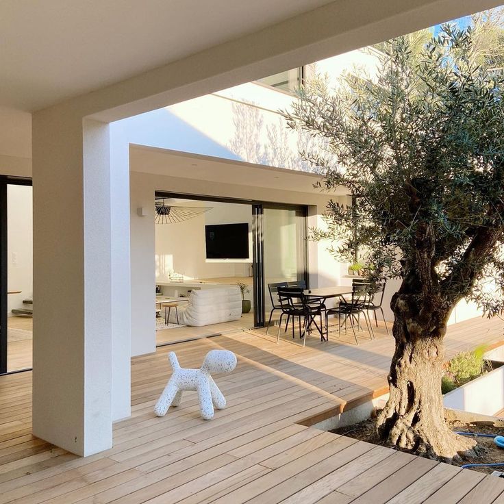 an olive tree in the middle of a wooden deck