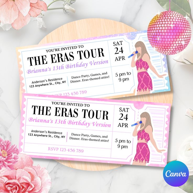 two tickets for the eras tour with pink flowers and decorations around them on a marble surface