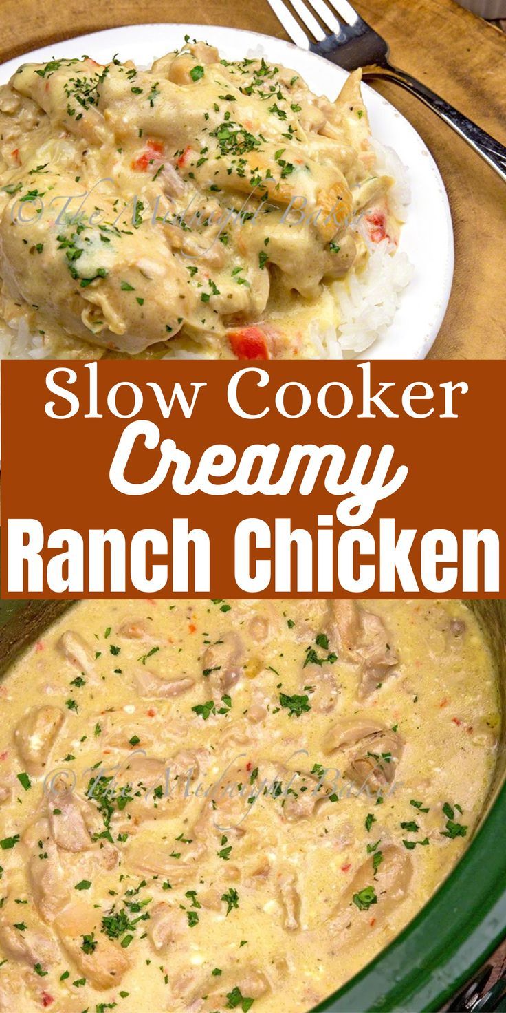 creamy ranch chicken is served over rice in a green crock pot