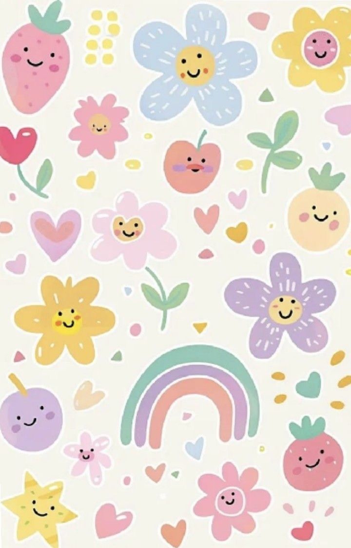 a white background with lots of different types of flowers and rainbows on it, including hearts