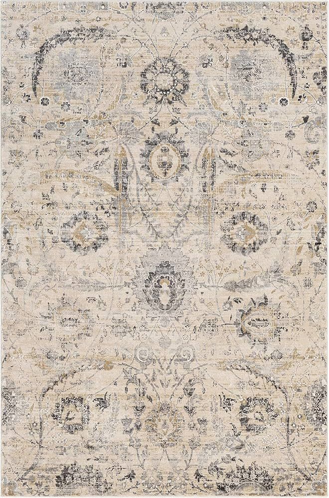 an area rug with many different colors and patterns on the carpet, including beiges, black