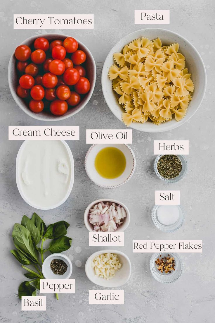 the ingredients to make this pasta dish are shown in bowls and labeled with their names