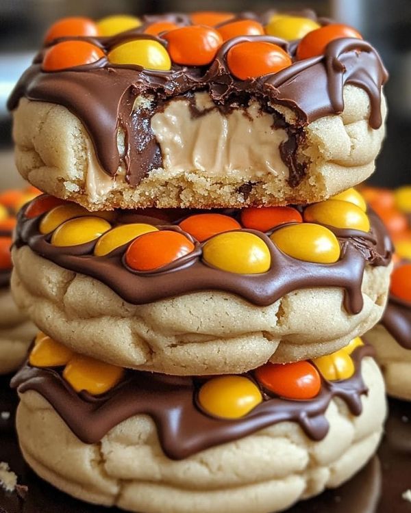 three cookies stacked on top of each other with chocolate frosting and candy toppings