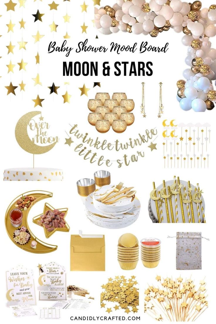 baby shower mood board with gold and white stars, moon and stars on the wall