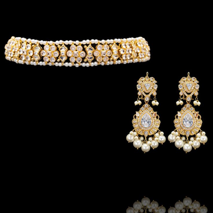 When beauty meets elegance the result is exceptional! Relish the fascinating beauty of zircons and demonstrate a perfect blend of charm and subtle grace with a classy addition of pearl moti detailing merging in modern fashion with CZ stones adding an undoubtedly flawless appeal. The set includes a choker and a pair of earrings. Approximate big earrings length is 4" and approximate small earrings length is 2.3". Gold-plated on high-quality brass as the base metal. Made by order. Kindly allow 5-7 Unique Gift Cards, Faux Stone, Big Earrings, Small Earrings, Cz Stone, Relish, Modern Fashion, Base Metal, Earring Necklace