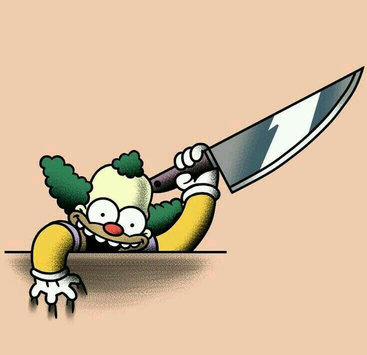 a cartoon character holding a large knife on top of a table