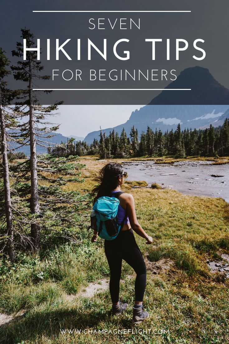 a woman hiking in the mountains with text overlay saying seven hiking tips for beginners