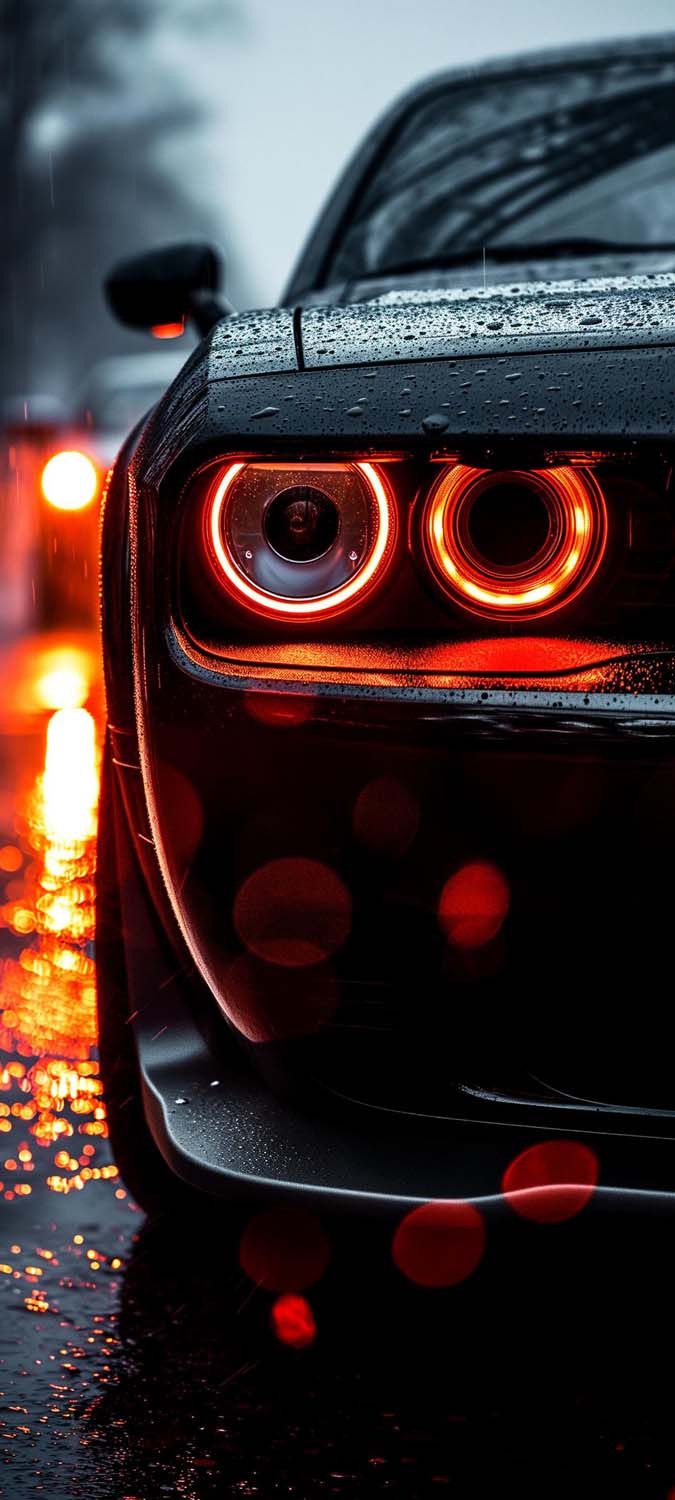 the headlights of a sports car on a wet road