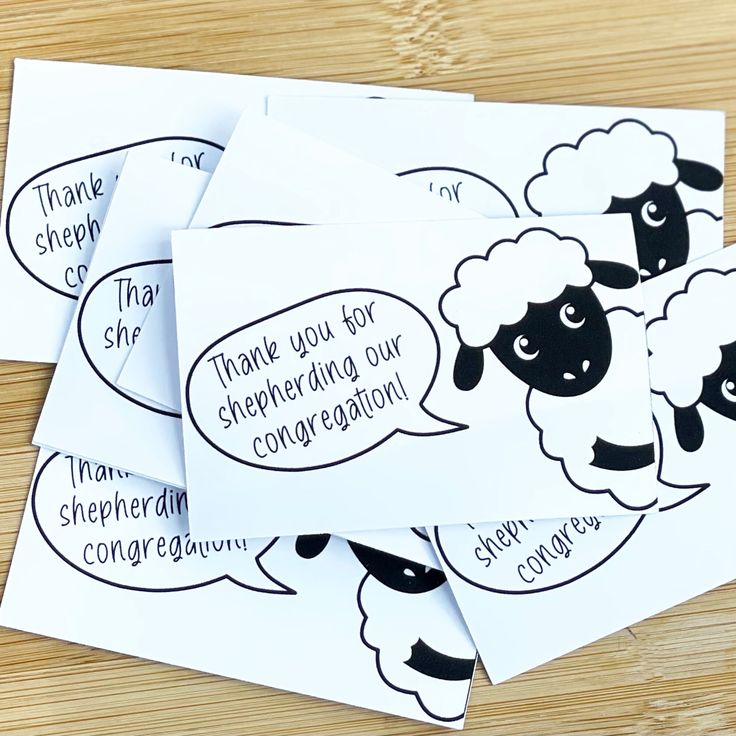 four sheep cards with the words thank you for sheepering our congregation written on them