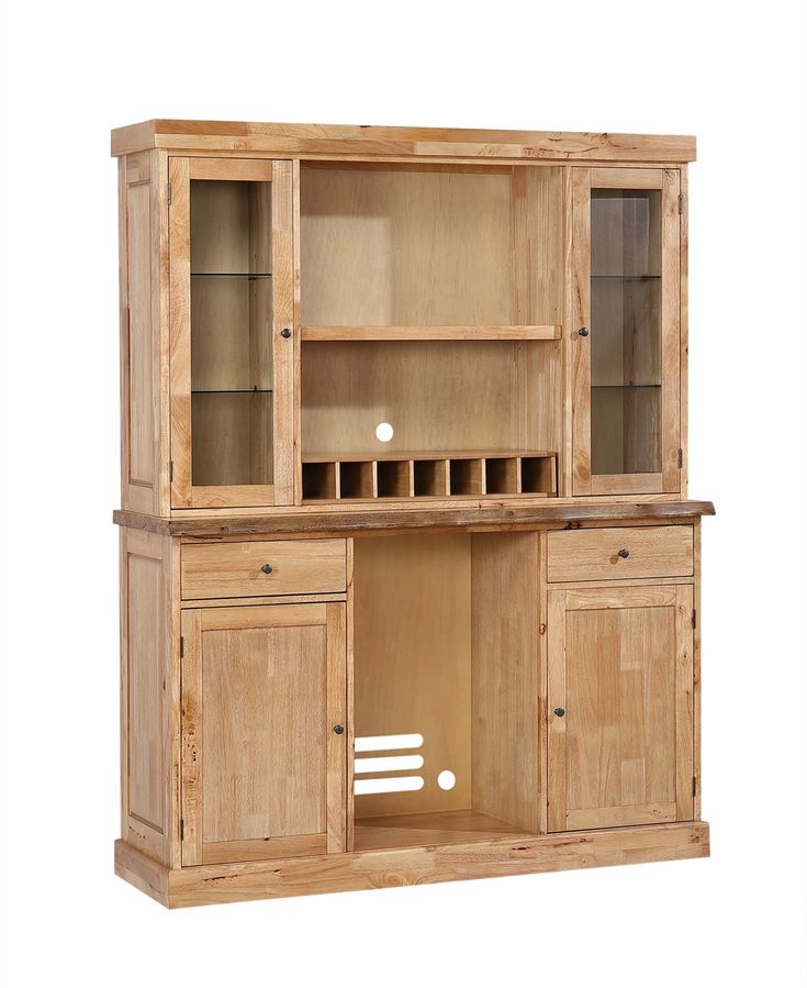 a wooden hutch with glass doors and drawers on the front, open shelves to the side