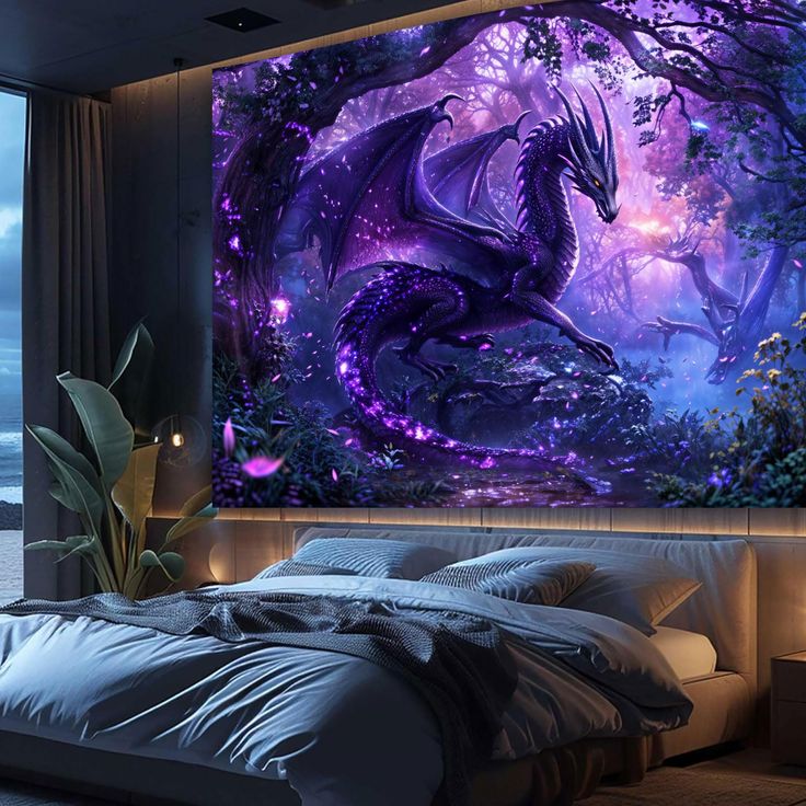 a large purple dragon painting on the wall above a bed